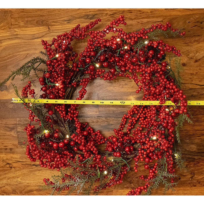 22 Inch Light-Up Christmas Wreath with Red Cranberries, Battery Operated LED Lights with Timer