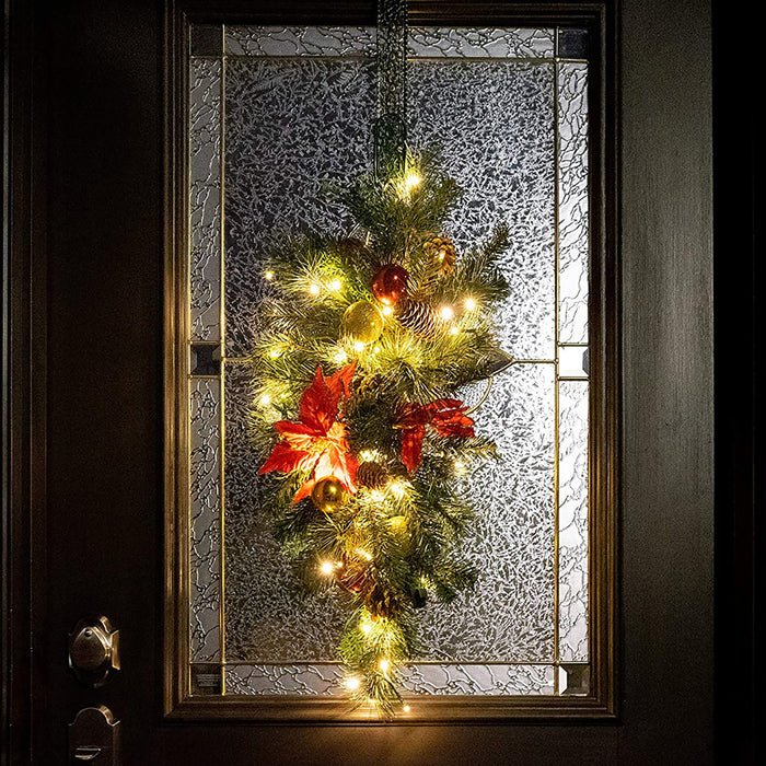 Red Co. 30" x 14" Light-Up Christmas Centerpiece with Ornaments and Bows, Battery Operated LED Lights with Timer