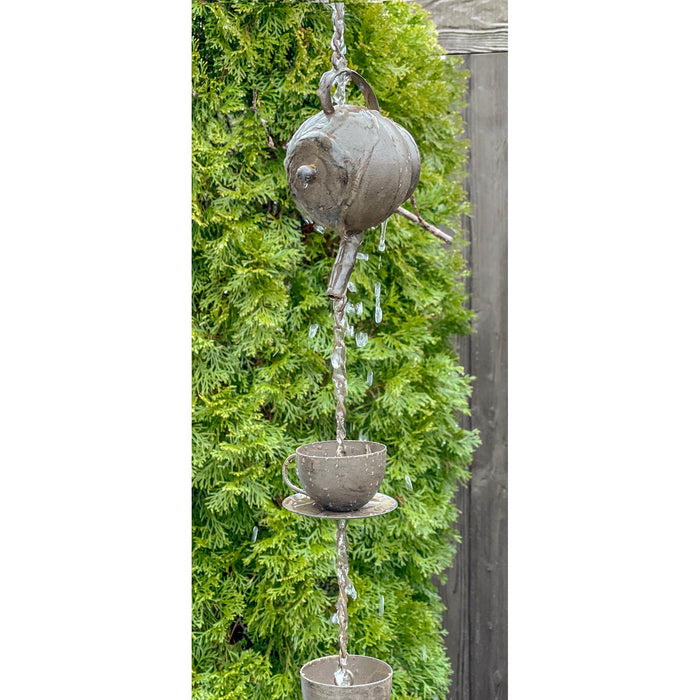 Red Co. 5.5-Foot Decorative Hanging Metal Rain Chain & Garden Rainwater Catcher – Teapot  & Cups with Bell