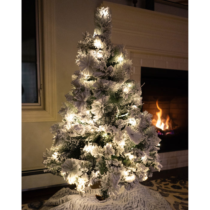 Red Co. 4-Foot Premium Snow-Flocked Artificial Christmas Tree - 120 UL Certified Warm White LED Lights with Metal Stand