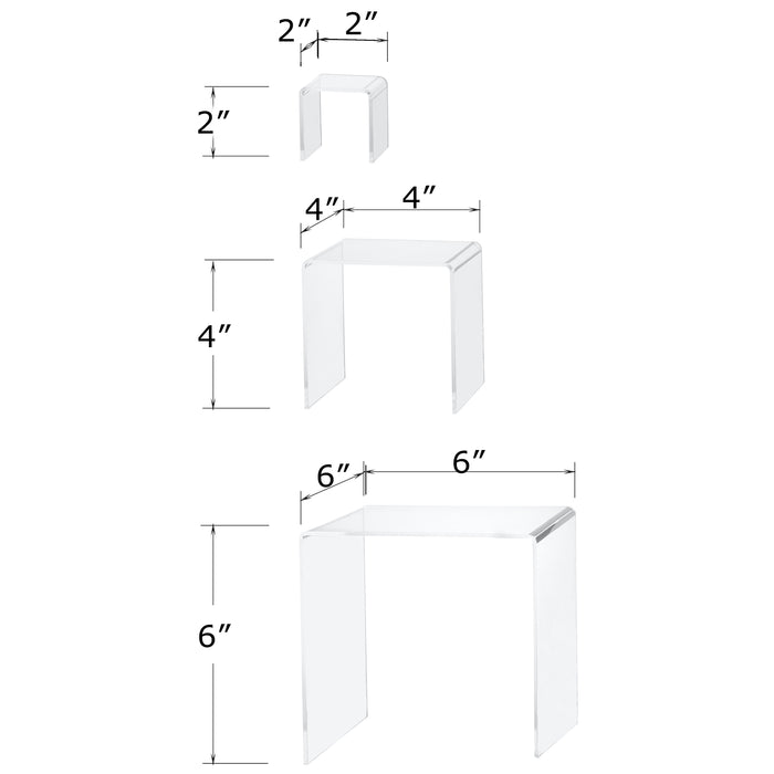 Red Co. Set of 3 Sizes (6", 4", 2") Crystal Clear Acrylic Display Stand Shelf Risers, 1/8 Inches Thick