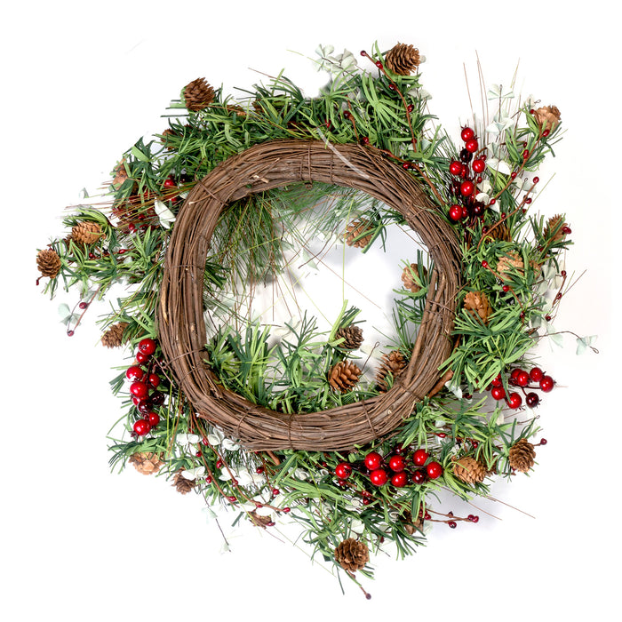 Artificial Winter Pine & Eucalyptus with Red Berries Front Door Wreath, Christmas Wall Decoration - 18 Inches