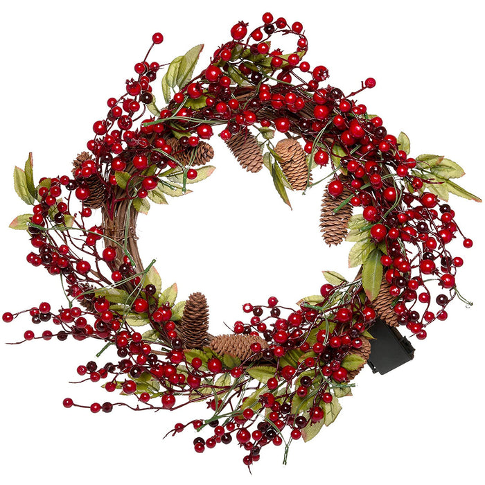 22 Inch Light-Up Christmas Wreath with Red Cranberries, Pinecones & Leaves, Battery Operated LED Lights with Timer