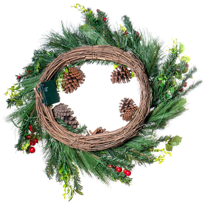 Red Co. 22" Christmas Wreath with Battery Operated LED Lights, Artificial Home Décor for Fall Winter