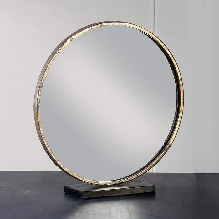 Large Loft Style Gold Beveled Round Mirror in Antique Brass Frame - Table Top Makeup Decor - 16"