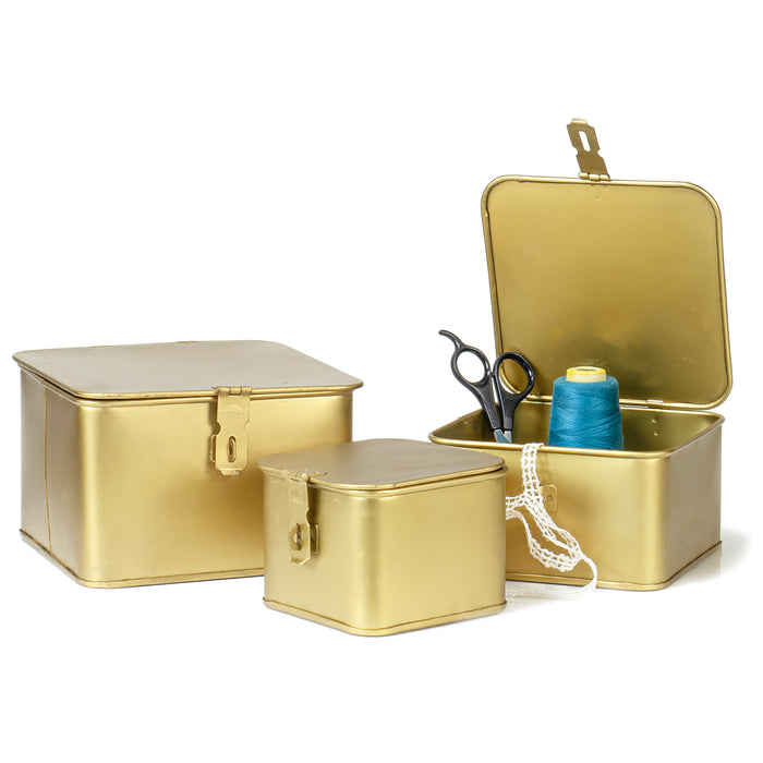 Red Co. Set of 3 Decorative Square Tub Metal Bucket Storage Boxes with Lids, Brass Finish