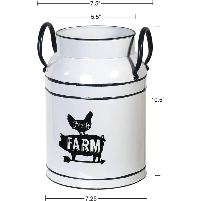 Red Co. Vintage Milk Can, Rooster and Pig with Fresh Farm Logo, White Cylinder with Black Trim and Two Handles