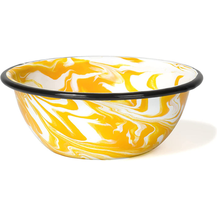 Red Co. Set of 4 Enamelware Metal Classic 20 oz Round Cereal Bowl, Yellow/Black Rim - Swirl Design