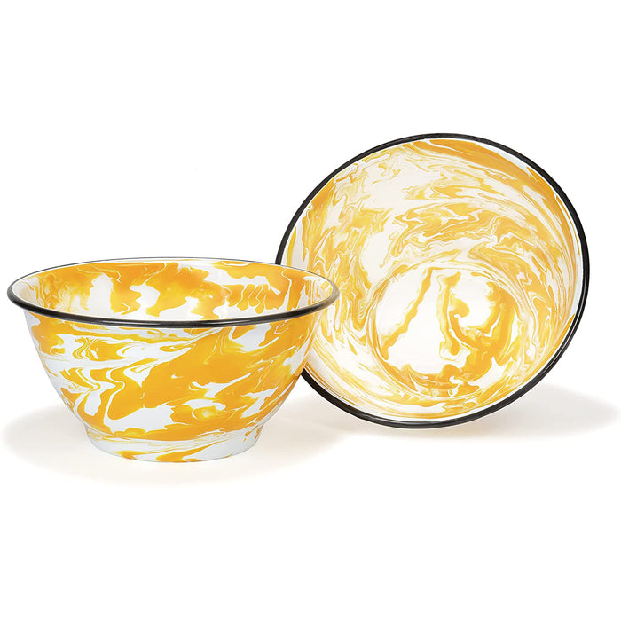 Red Co. Set of 2 Enamelware Metal Large Classic 4 quart Round Salad Serving Bowl, Yellow/Black Rim - Swirl Design