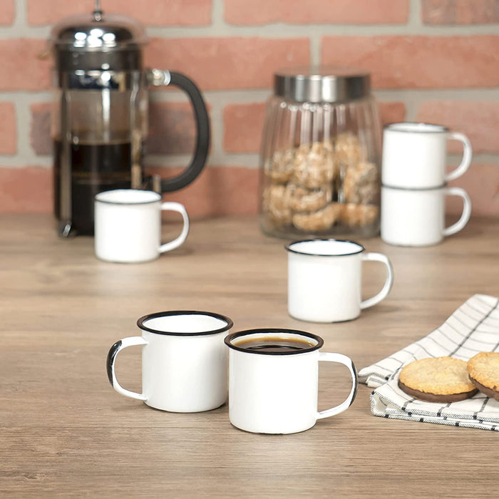 Red Co. Set of 6 Enamelware Metal Small Classic 5 Oz Round Coffee and Tea Mug with Handle, Distressed White/Black Rim