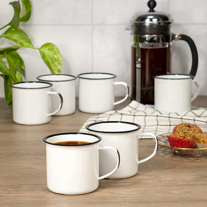 Red Co. Set of 6 Enamelware Metal Medium Classic 12 Oz Round Coffee and Tea Mug with Handle, Distressed White/Black Rim