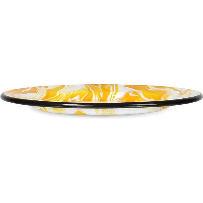 Red Co. Set of 4 Enamelware Metal Classic 8 inch Round Flat Salad Plates, Yellow/Black Rim - Swirl Design