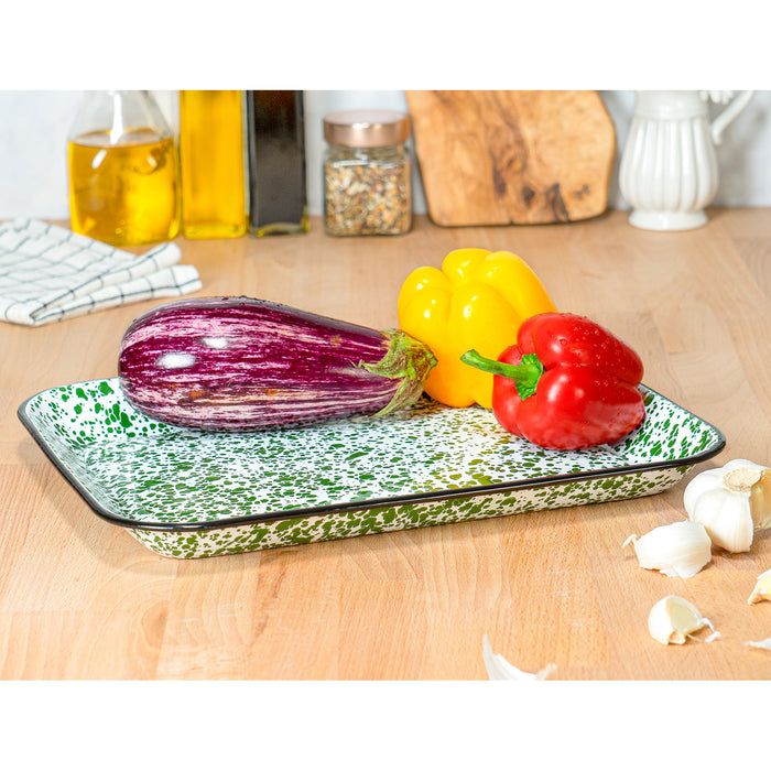 Red Co. 13.5” x 10” Enamelware Metal Classic 1.6-Quart Rectangular Serving Tray with Black Rim – Splatter Design