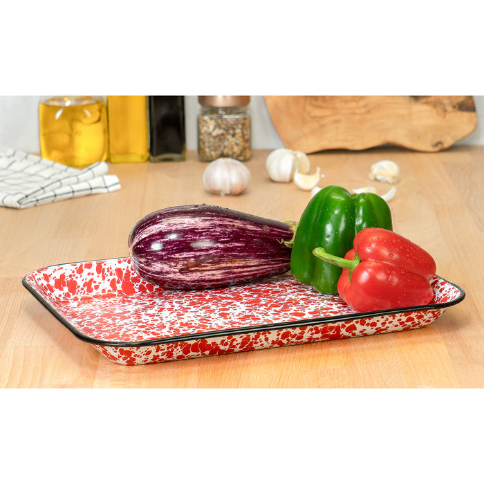 Red Co. 13.5” x 10” Enamelware Metal Classic 1.6-Quart Rectangular Serving Tray with Black Rim – Splatter Design