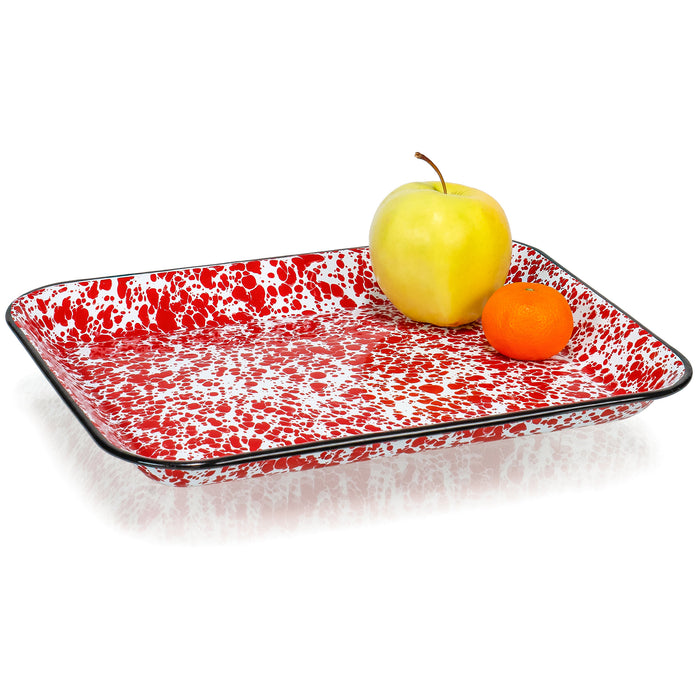 Red Co. 13.5” x 10” Enamelware Metal Classic 1.6-Quart Rectangular Serving Tray with Black Rim – Splatter Design