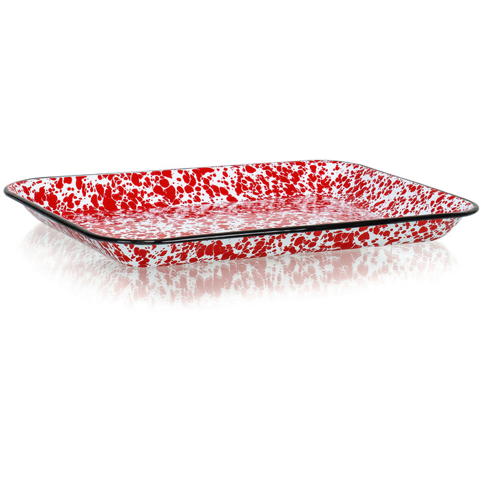 Red Co. 13.5” x 10” Enamelware Metal Classic 1.6-Quart Rectangular Serving Tray with Black Rim – Splatter Design