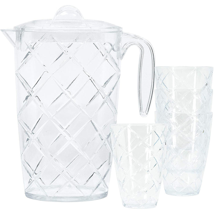 Red Co. Durable Plastic Pitcher with Lid and 4 Tumbler Glasses Drinkware Set, Drip Free Cold Water Jug Perfect for Iced Tea, Sangria, Lemonade — 64 fl oz. pitcher with 12 fl oz. glasses