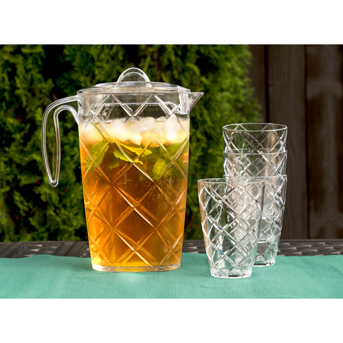 Red Co. Durable Plastic Pitcher with Lid and 4 Tumbler Glasses Drinkware Set, Drip Free Cold Water Jug Perfect for Iced Tea, Sangria, Lemonade — 64 fl oz. pitcher with 12 fl oz. glasses