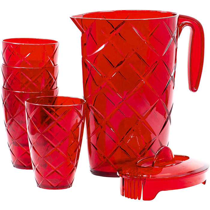 Red Co. Durable Plastic Pitcher with Lid and 4 Tumbler Glasses Drinkware Set, Drip Free Cold Water Jug Perfect for Iced Tea, Sangria, Lemonade — 64 fl oz. pitcher with 12 fl oz. glasses