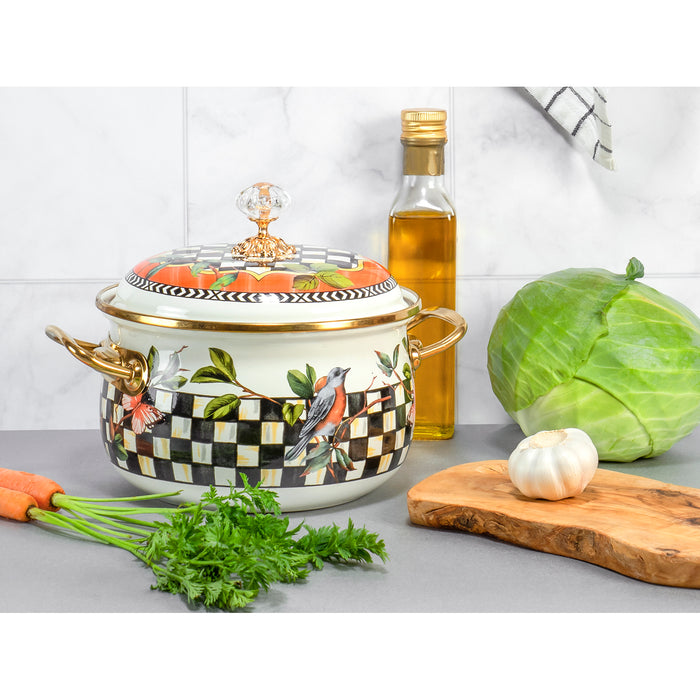 Red Co. Vintage Enamel Cookware Medium Induction Stockpot with Gold Trim and Crystal Knob Lid