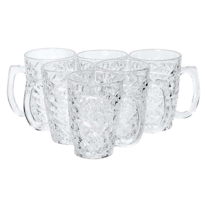 Red Co. 12 oz Clear Coffee Glass Mugs Set of 6 with Handle and Etched Pattern, Glass Cup Drinkware for Latte, Tea, or Juice