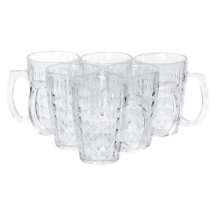 Red Co. 12 oz Clear Coffee Glass Mugs Set of 6 with Handle and Etched Pattern, Glass Cup Drinkware for Latte, Tea, or Juice