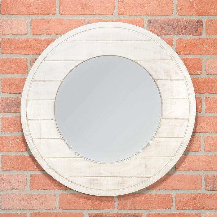 Red Co. Decorative Farmhouse Round Wall-Mounted Accent Mirror with Wooden Frame in Distressed White Finish, Medium