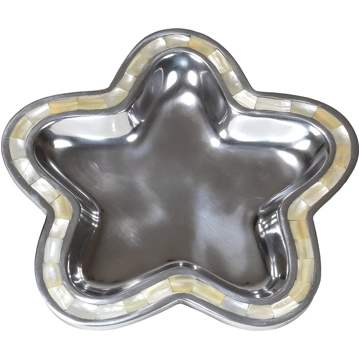 Red Co. Large Decorative Durable Aluminum Star Shaped Serving Plate Tray in Silver Finish with Iridescent Pearl Border for Cupcakes, Appetizers, Pastries – 11 x 11 x 1.25 Inches