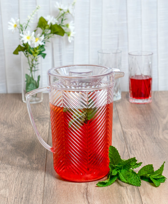 Red Co. Chevron Clear Polystyrene Pitcher with Lid for Water, Iced Tea, Lemonade, Hot and Cold Beverages - 80 Ounce - Made in USA