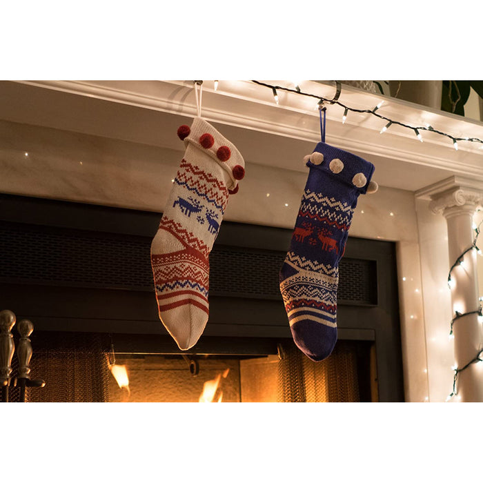 Knitted Christmas Stockings Traditional Holiday Season Santa Socks Classic Sweater Pattern Scandinavian Decoration for Mantel & Staircase Gift Holder - Set of 2