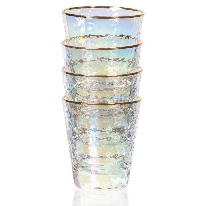 Set of 4 Iridescent Drinking Glasses with Gold Rim