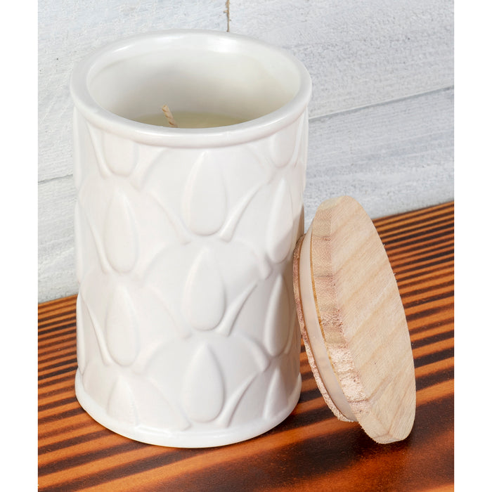 Swan Creek Highly Scented Pillar Candle in Round Ceramic Canister with Lid, White Collection – Assorted Patterns – 12 oz.