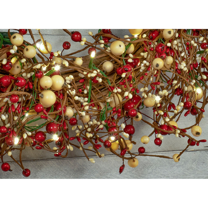 Light-Up Christmas Wreath with Red Pip Berries, Battery Operated LED Lights with Timer