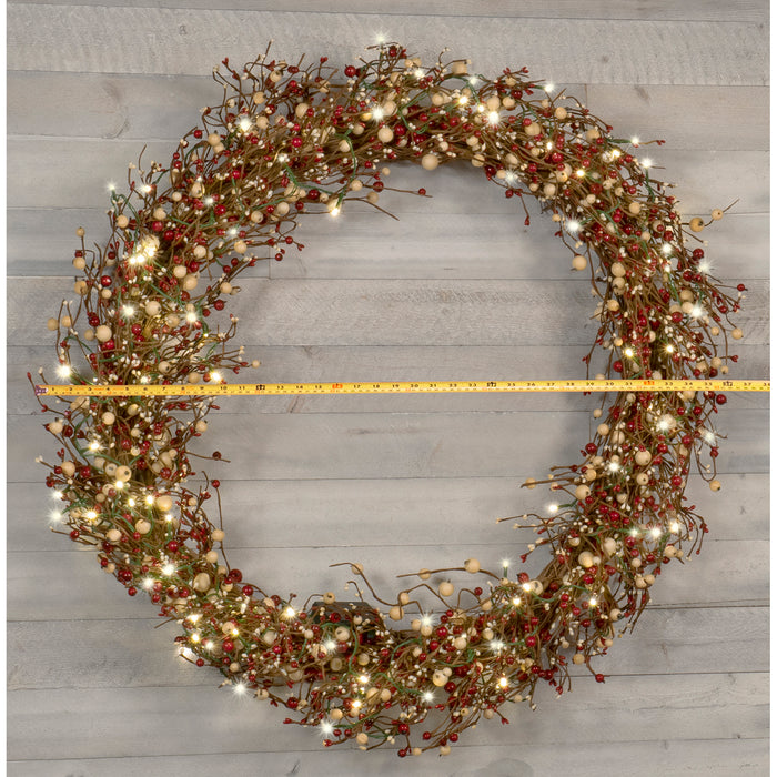 Light-Up Christmas Wreath with Red Pip Berries, Battery Operated LED Lights with Timer