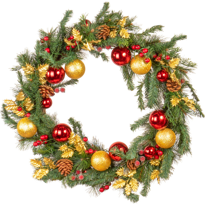 Light-Up Christmas Wreath with Red & Gold Ornaments, Battery Operated LED Lights with Timer