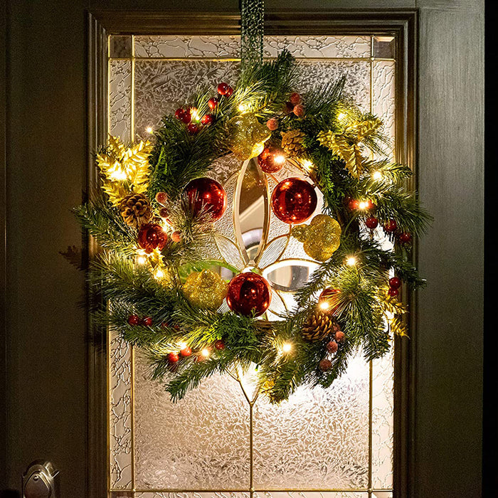 Light-Up Christmas Wreath with Red & Gold Ornaments, Battery Operated LED Lights with Timer