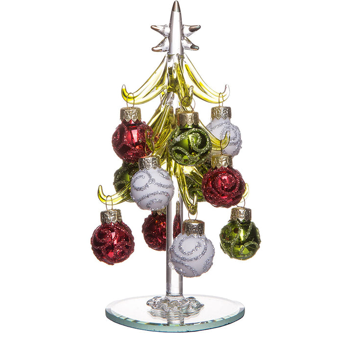 Mini Glass Decoration, Traditional Christmas Tree with Classic Red White and Green Removable Sphere Ornaments, Holiday Season Décor, 6-inch