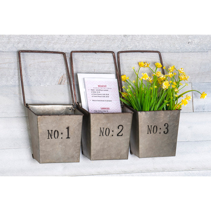 Red Co. Set of 3 Galvanized Hanging Buckets, Wall Pocket Planters, Country Rustic Farmhouse Décor