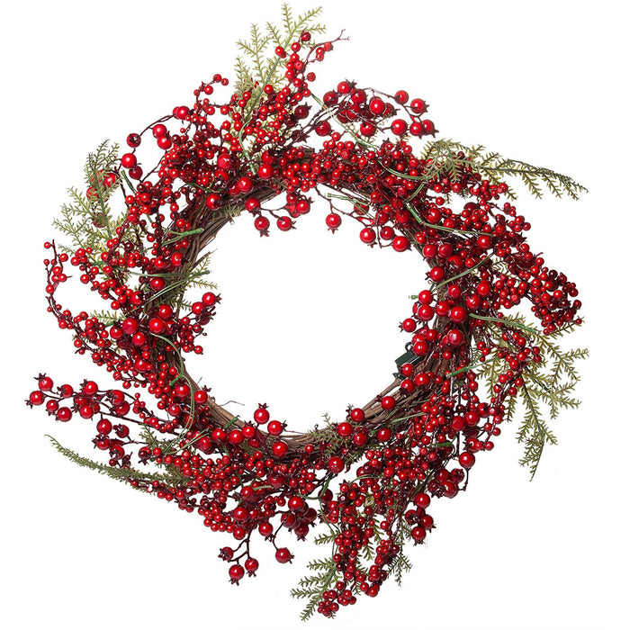 22 Inch Light-Up Christmas Wreath with Red Cranberries, Plug-in Operated LED Lights