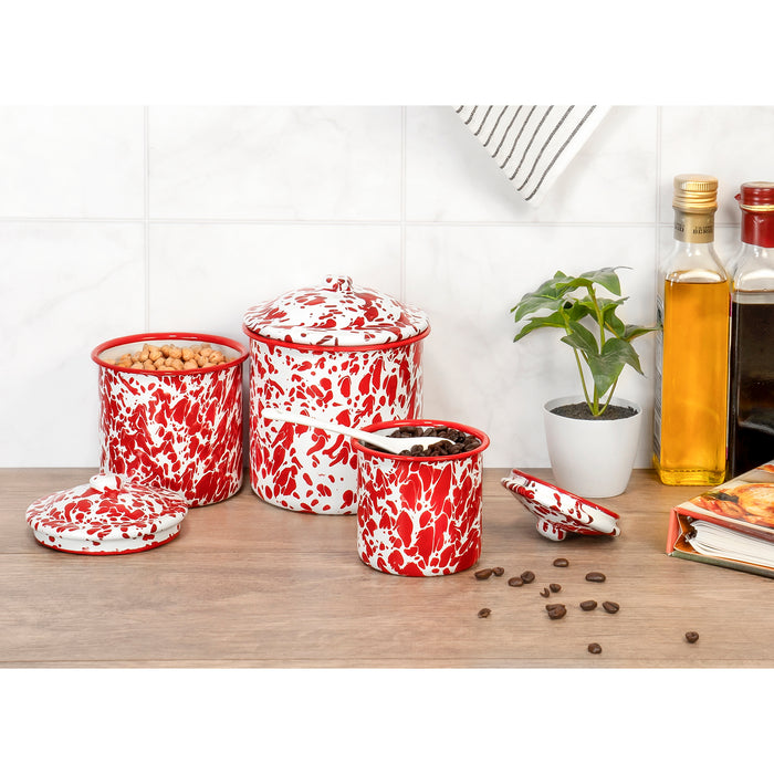 Red Co. Red Splatter Enamelware Mug Pots with Lid - Set of 3 Nesting Cups, Perfect for Picnic, Camping, Outdoor Activity