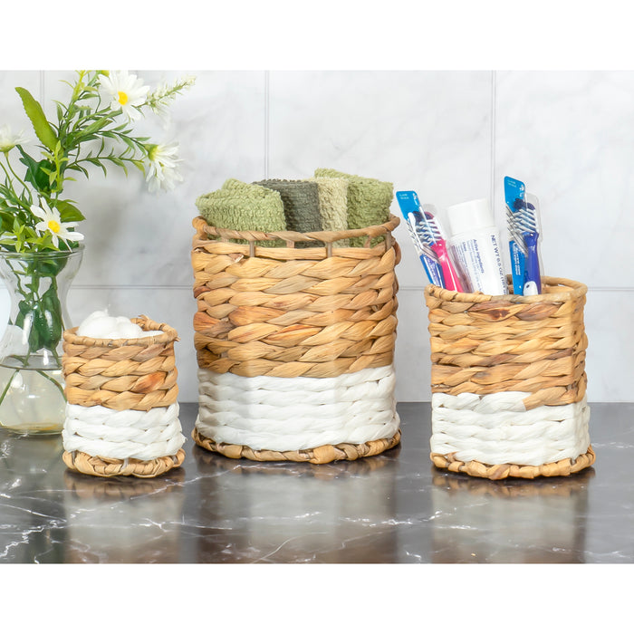 Red Co. 7”, 5”, and 4” Round Nesting Two-Tone Hand-Woven Seagrass Basket Bins Set of 3, Beige / White