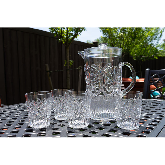 Break Resistant "Fresh Splash" Clear Plastic Pitcher with Lid and 4 Tumbler Glasses Drinkware Set - Perfect for Iced Tea, Sangria, Lemonade (84 fl oz. pitcher - 12 fl oz. glasses)