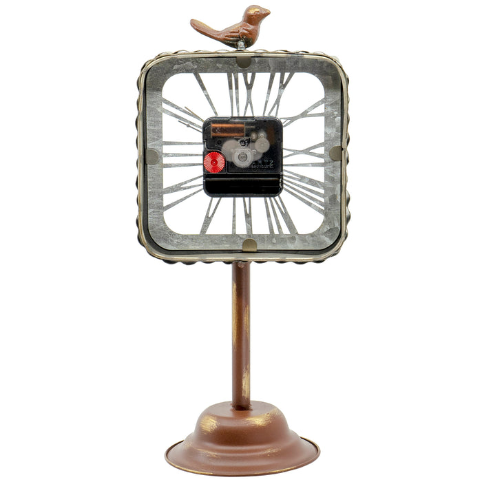 Red Co. Rustic Home Décor Galvanized Metal Battery Operated Table Pedestal Clock with Bird