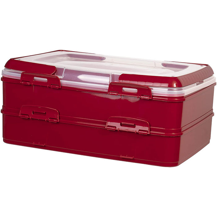 Red Co. Red Rectangular 2 Tiered Pastry and Pie Carrying Box Folding Handle Multi Purpose Food Storage - 16.5" x 7" x 11.25"