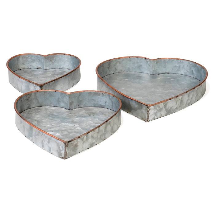 Red Co. Set of Decorative Nesting Galvanized Metal Heart Trays with Copper Rims in 3 Sizes, Distressed Grey/Rose Gold