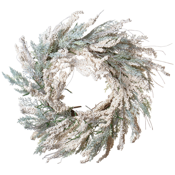 Red Co. 23" Christmas Wreath with White Berries and Cedar Leaves, Battery Operated LED Lights, Artificial Home Decor for Fall Winter