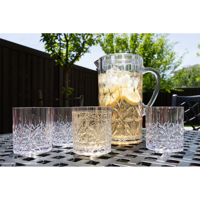 Break Resistant Crystal Clear Plastic Pitcher with Lid and 4 Tumbler Glasses Drinkware Set - Perfect for Iced Tea, Sangria, Lemonade (88 fl oz. pitcher - 14 fl oz. glasses)