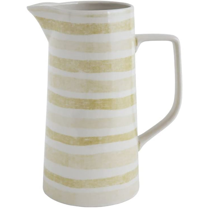 Farmhouse Collection Glossy Ceramic Stoneware Pitcher, Spouted with Handle, Yellow Cream Stripe Design - 64 oz.