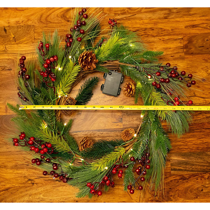 Red Co. 22 Inch Light-Up Christmas Wreath with Pinecones & Pine, Plug-in Operated LED Lights