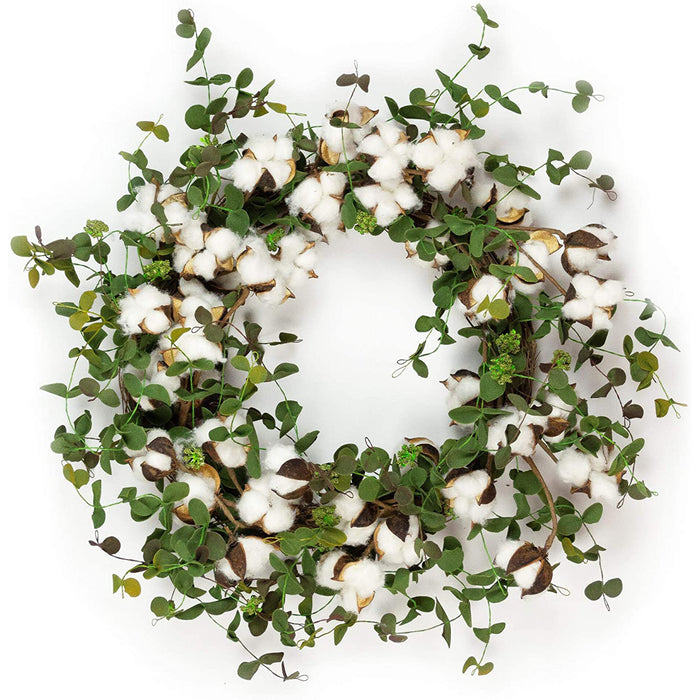 Red Co. Farmhouse Full White Cotton Boll and Eucalyptus Artificial Greenery Wreath - Home Decor for Front Door, 14 Inch